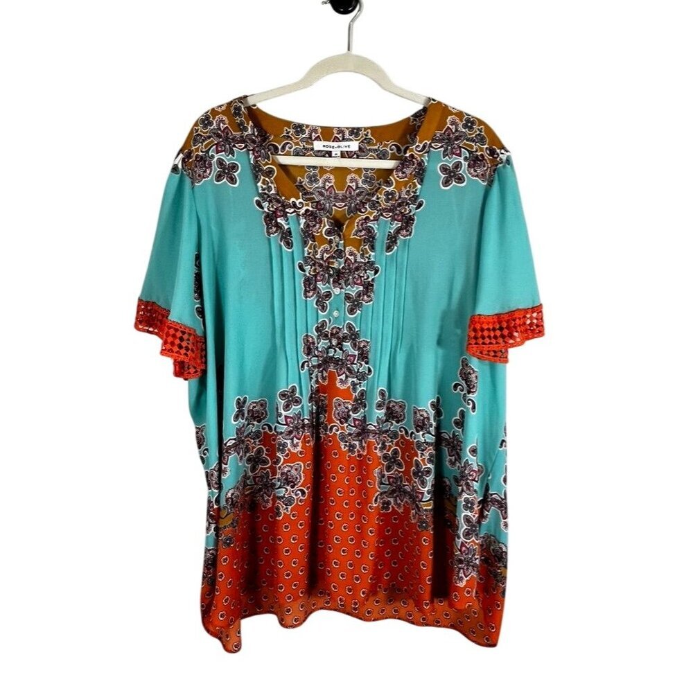Colorful Floral Top 2X Blue Flowy Boho Indie Folk Paisley Lace Artsy Tropical